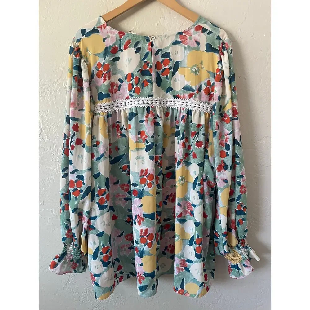 Entro Floral Crochet Detail Smocked Blouse Top Spring Boho Flowy Office Career - Picture 4 of 8